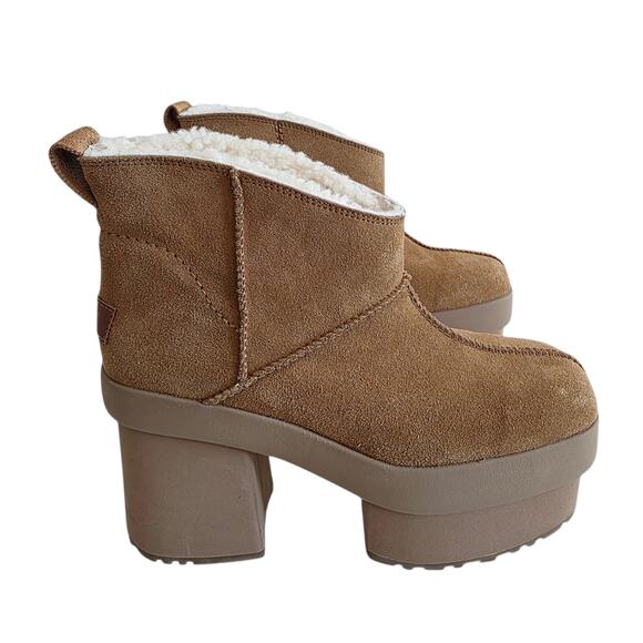 UGG Women's New Heights Platform Tan Leather Sherpa Lined Ankle Boots Size 10 - Picture 1 of 7